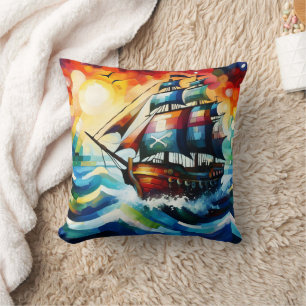 Colourful Pirate Ship Sailing at Sunset Throw Pillow
