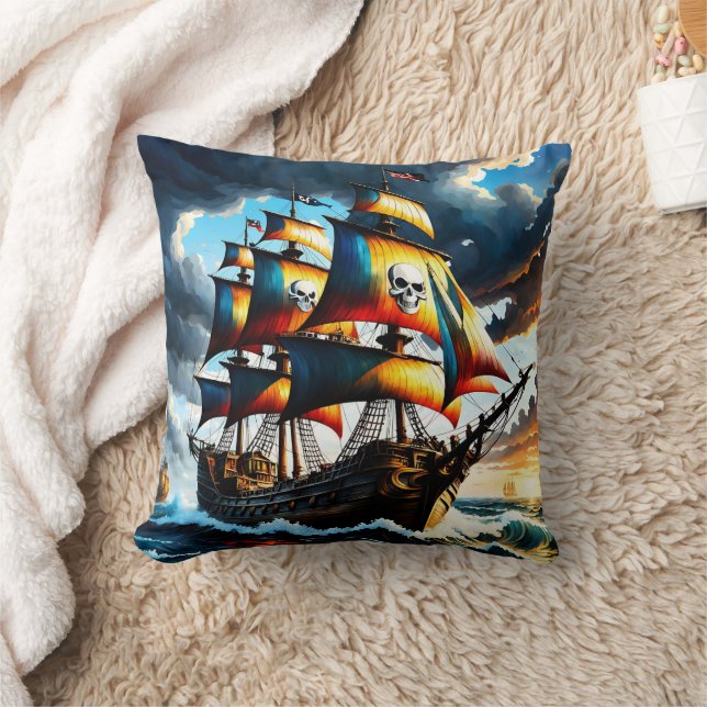 Colourful Pirate Ship Sailing in a Stormy Sky Throw Pillow (Blanket)