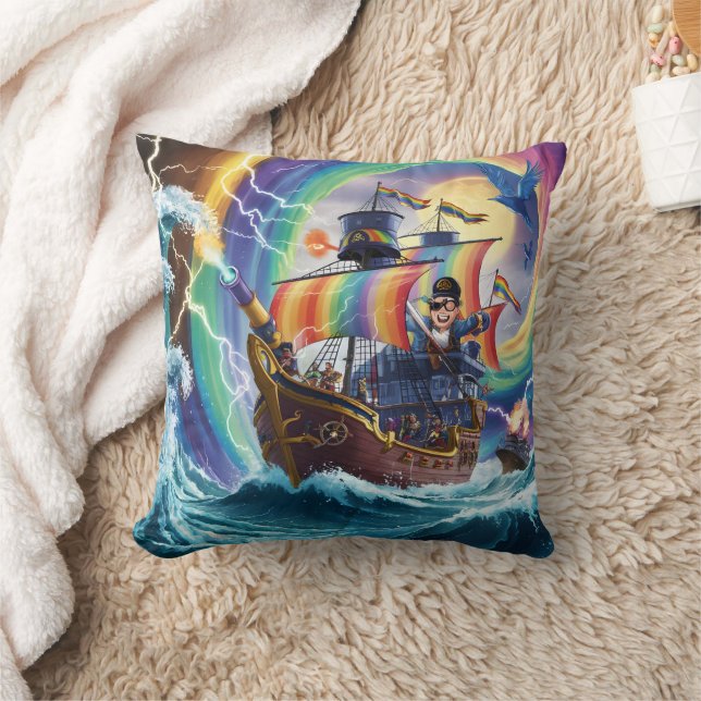 Colourful Pirate Ship Sailing Through Stormy Seas Throw Pillow (Blanket)