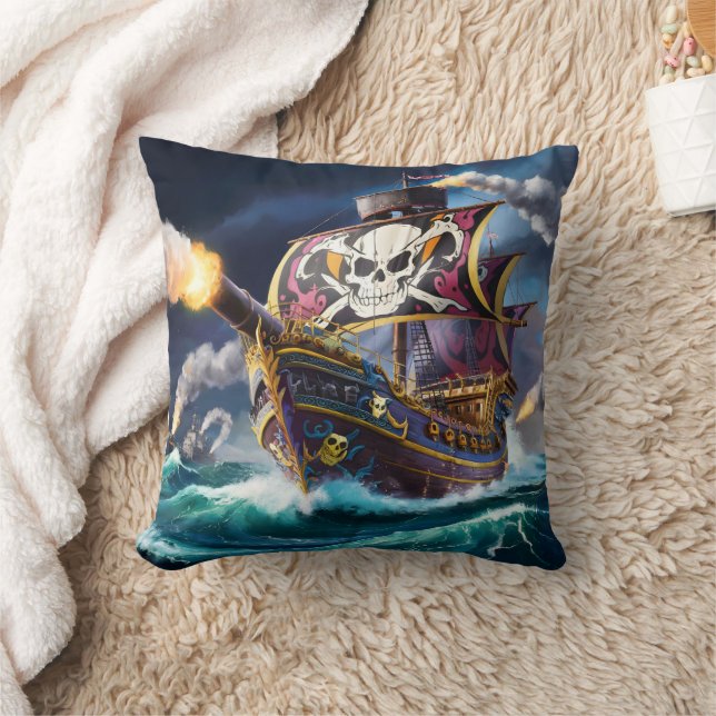 Colourful Pirate Ship Sailing Through Stormy Seas Throw Pillow (Blanket)