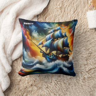 Colourful Pirate Ship Sailing Through Stormy Water Throw Pillow