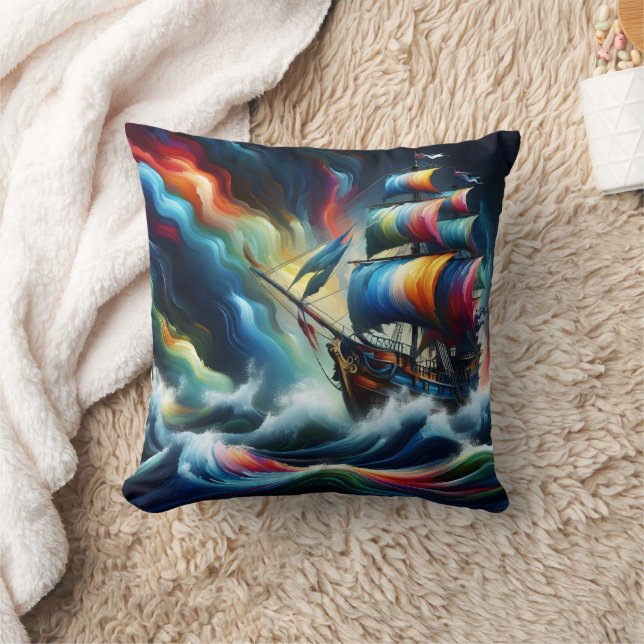 Colourful Pirate Ship Sailing Through Vibrant Wave Throw Pillow (Blanket)