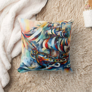 Colourful Pirate Ship Sailing Through Vibrant Wave Throw Pillow