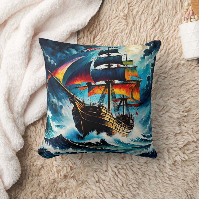 Colourful Pirate Ship Sailing Under A Full Moon Throw Pillow (Blanket)