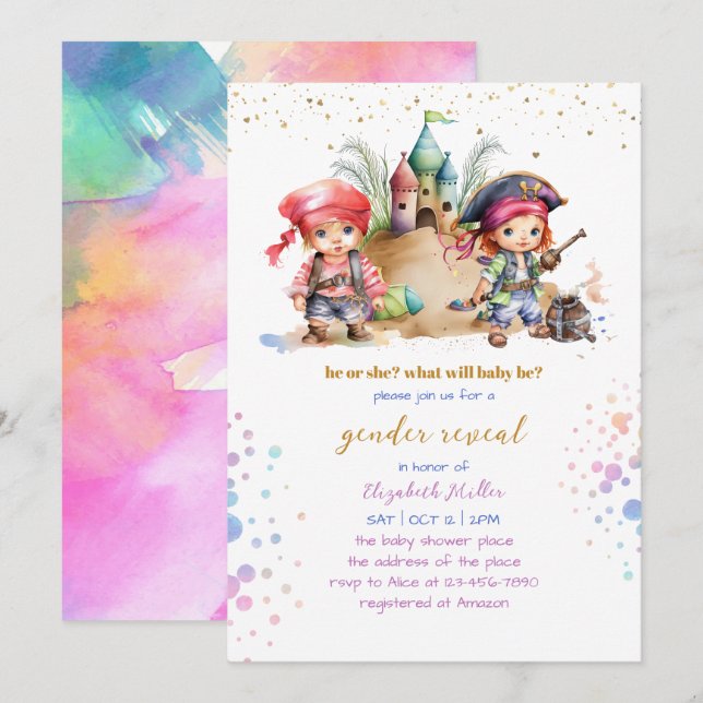 Colourful Pirates Playful Funny Gender Reveal Invitation (Front/Back)