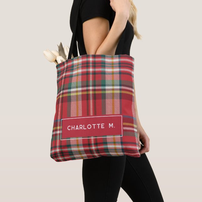 Colourful Plaid Classic Personalized Name Tote Bag (Close Up)