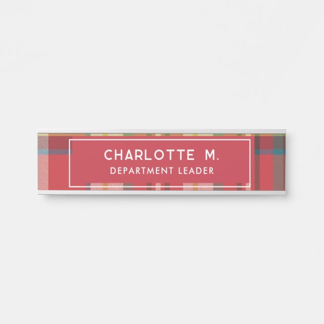 Colourful Plaid Classic Personalized Red Teachers Door Sign (Front)