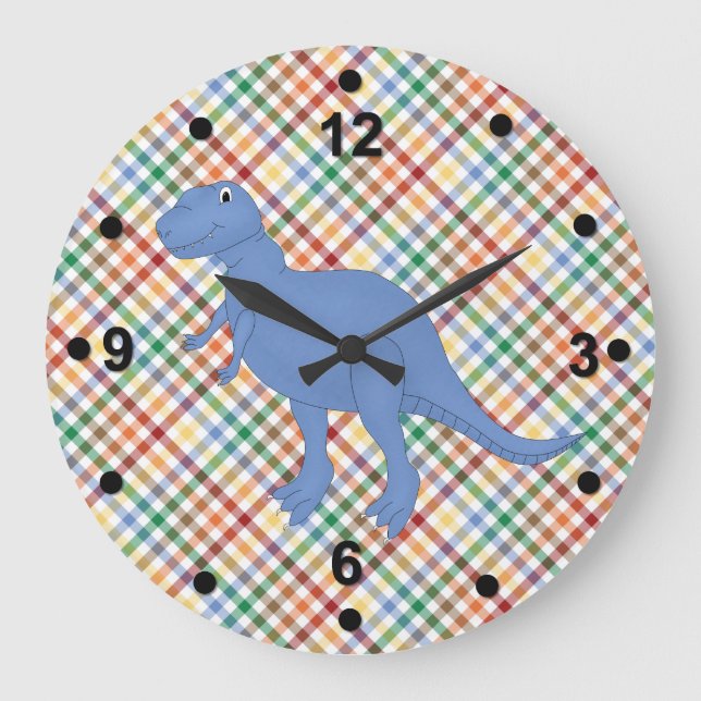 Colourful Plaid & Dinosaur Kid's Clock (Front)