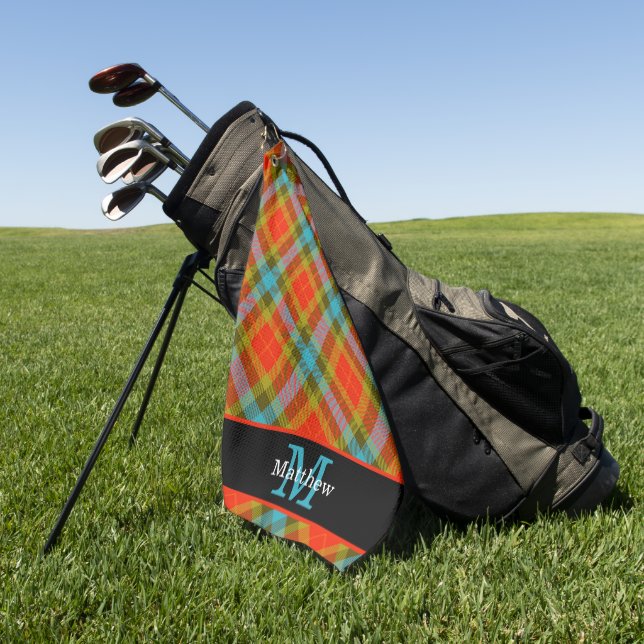 Colourful Plaid Tartan Pattern Initial Monogram Golf Towel (Green)