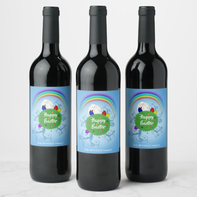 Colourful Planet White Rabbit Happy Easter Wine Label (Bottles)