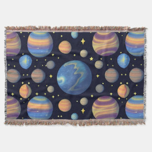 Colourful Planets and Stars in Outer Space Throw Blanket