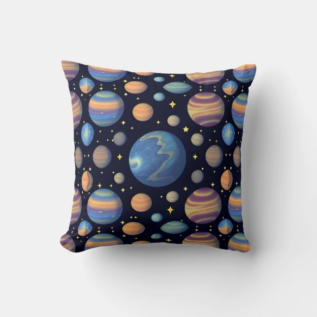 Colourful Planets and Stars in Outer Space Throw Pillow (Front)