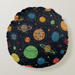 Colourful Planets and Stars Seamless Pattern  Round Pillow