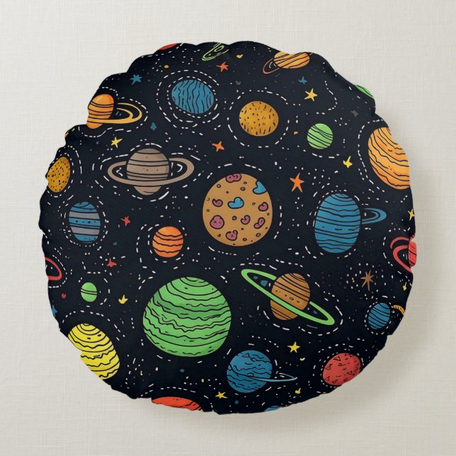 Colourful Planets and Stars Seamless Pattern  Round Pillow (Front)