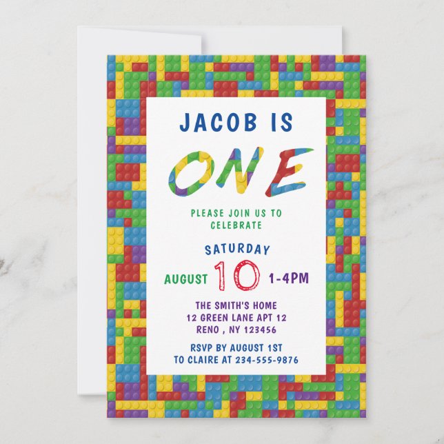 Colourful Plastic Blocks Boys First Birthday Invitation (Front)