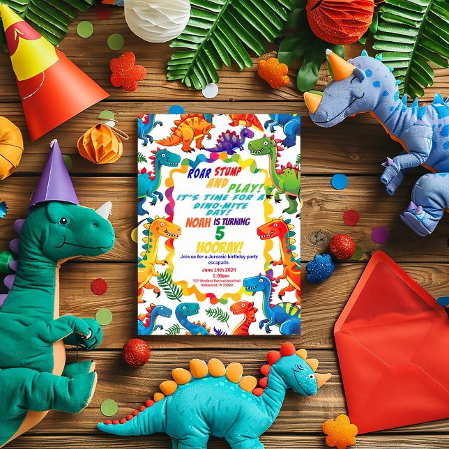 Colourful Playful Dinosaur Themed Birthday Party Invitation (Fun and Colorful Dinosaur Party Invitation )