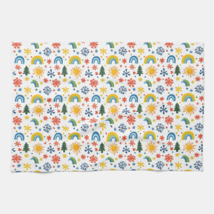 Colourful Playful Pattern with Rainbows and Flower Kitchen Towel