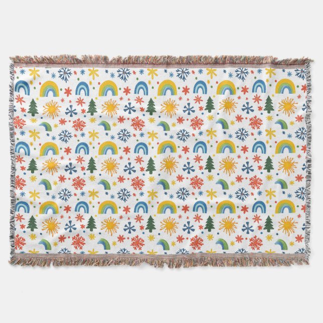 Colourful Playful Pattern with Rainbows and Flower Throw Blanket (Front)