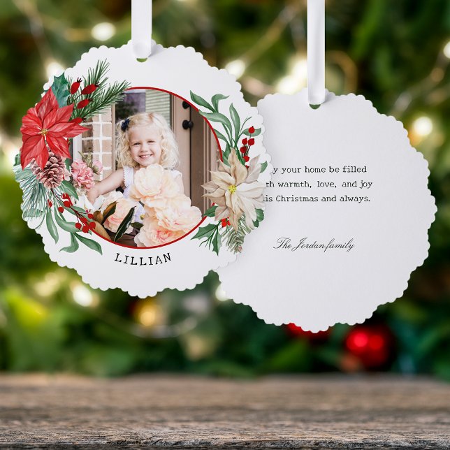 Colourful Poinsettia, Pine & Berries Photo Ornament Card (Creator Uploaded)