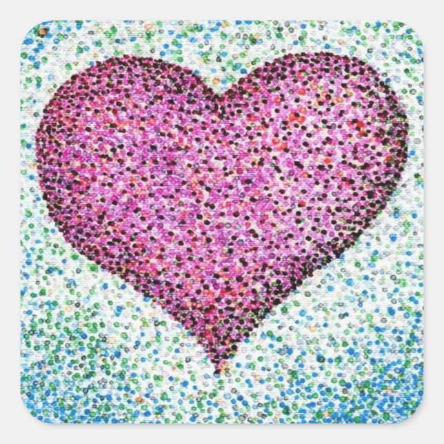 Colourful Pointillism Heart Pink Square Sticker (Front)