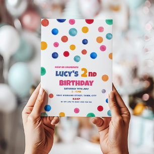 Colourful Polka Dot 2nd Birthday Party Invitation