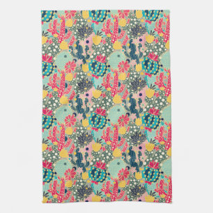 Colourful Polka Dot Cactus Pattern Kitchen Towel