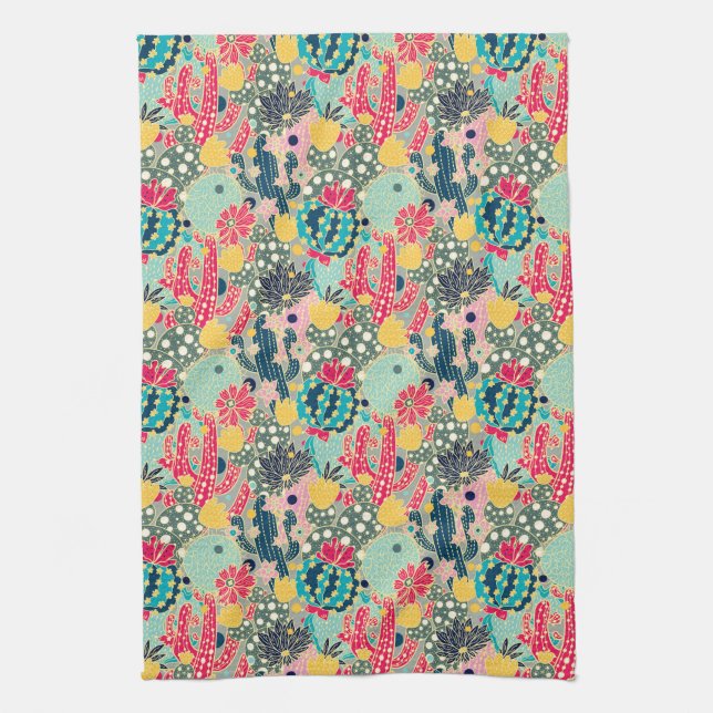 Colourful Polka Dot Cactus Pattern Kitchen Towel (Vertical)