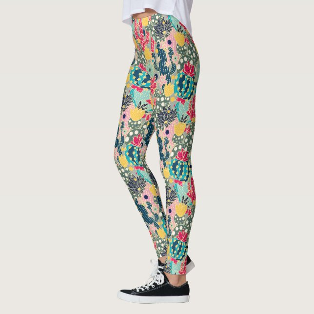 Colourful Polka Dot Cactus Pattern Leggings (Left)