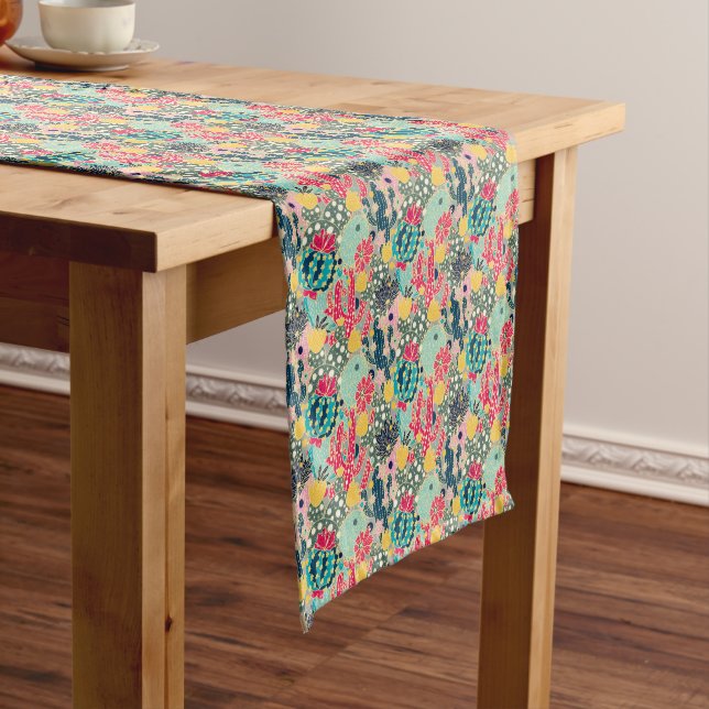 Colourful Polka Dot Cactus Pattern Short Table Runner (In Situ)