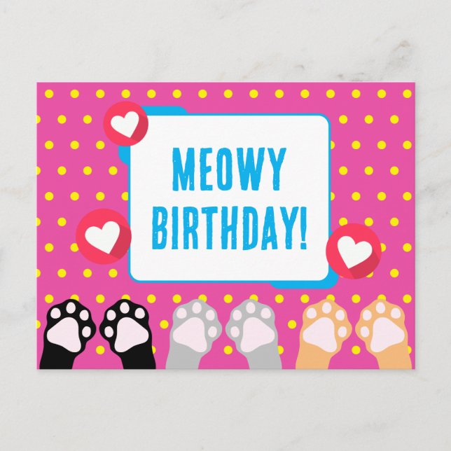 Colourful Polka Dot Cat Paws Up Happy Birthday Postcard (Front)