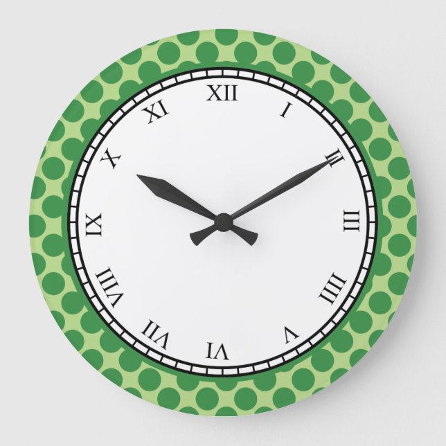 Colourful Polka Dot Roman Digits Green on any Colo Large Clock (Front)