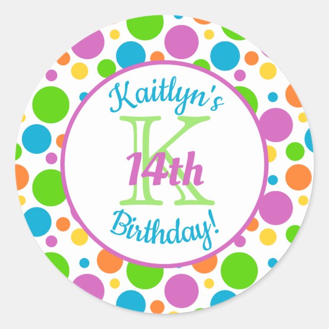 Colourful Polka Dots | Birthday Party Classic Round Sticker (Front)