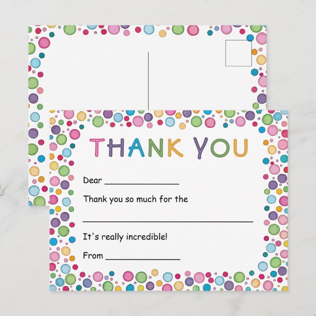 Colourful Polka Dots Kids Thank You Postcard (Front/Back)
