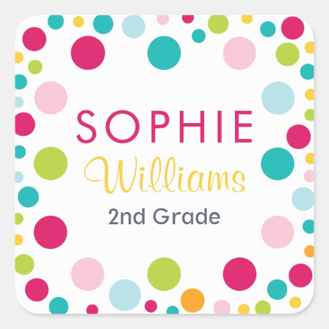 Colourful Polka Dots Name School Labels (Front)