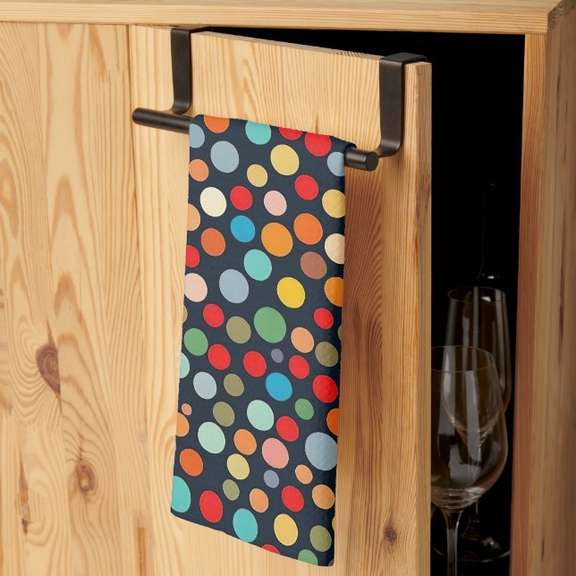 Colourful Polka Dots on Dark Background Kitchen Towel (Thirds Fold)