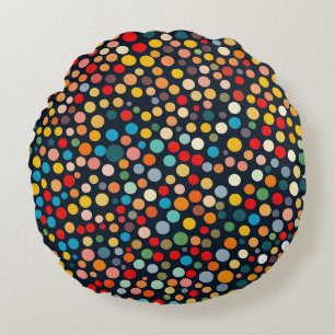 Colourful Polka Dots on Dark Background Round Pillow