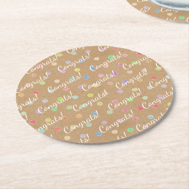 Colourful Polka Dots On Faux Kraft Paper Backgroun Round Paper Coaster (Angled)