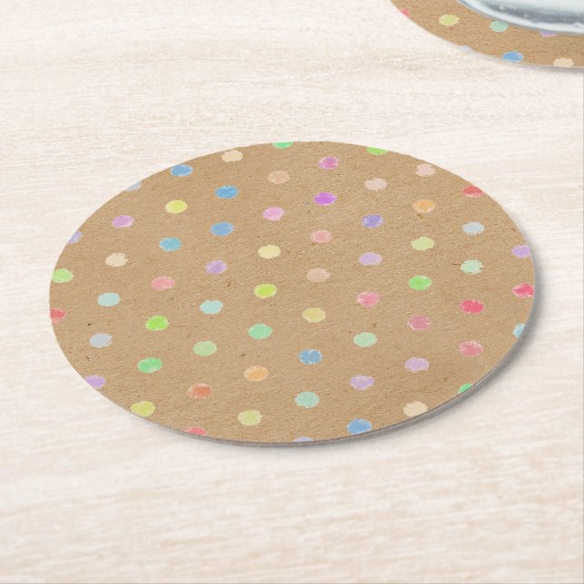 Colourful Polka Dots On Faux Kraft Paper Backgroun Round Paper Coaster (Angled)