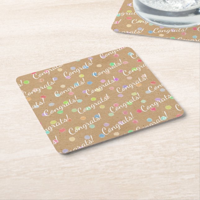 Colourful Polka Dots On Faux Kraft Paper Backgroun Square Paper Coaster (Angled)