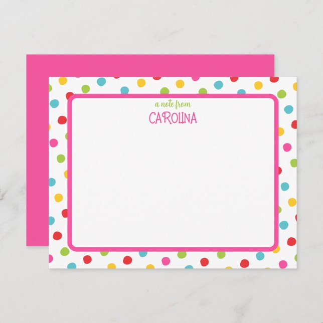 Colourful Polka Dots on Pink Cute Girly Note Card (Front/Back)