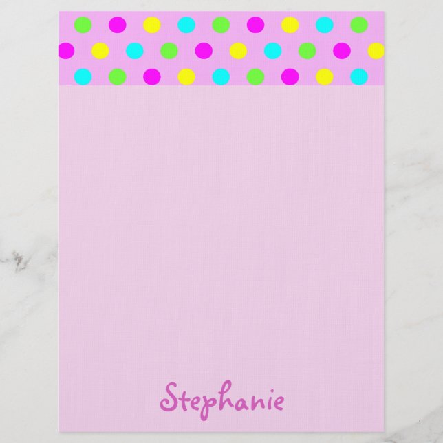 Colourful Polka Dots on Pink Girly Name Letterhead (Front)