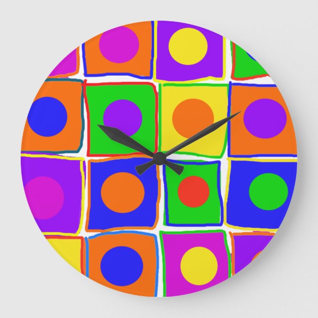 Colourful Polka Dots & Squares Large Art Clock (Front)