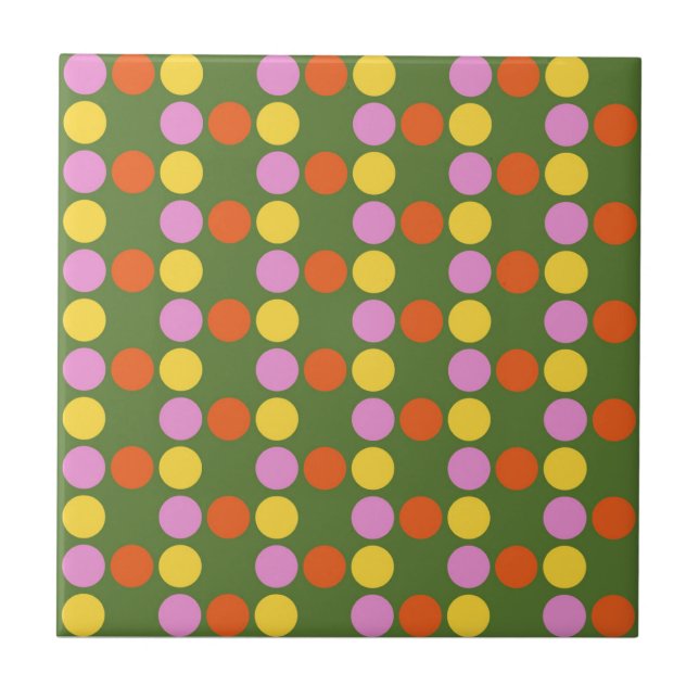 Colourful Polkadot Pattern in Green Background Tile (Front)