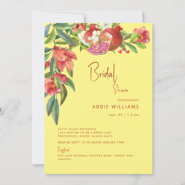 Colourful Pomegranate Tuscan Red and Yellow Bridal Invitation (Front)