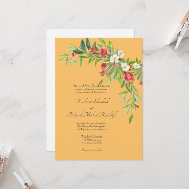 Colourful Pomegranate Tuscan Wedding Invitation (Front/Back In Situ)