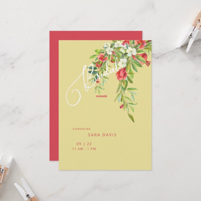 Colourful Pomegranate Tuscan Yellow & Red Bridal Invitation (Front/Back In Situ)