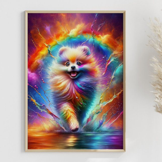 Colourful Pomeranian Rainbow Splatter Art Custom Poster (Framed Example)
