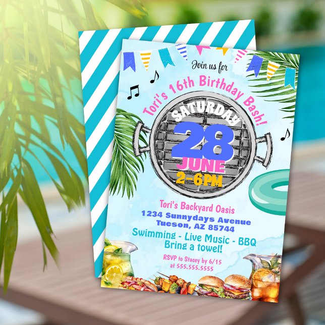 Colourful Pool BBQ Birthday Party Invitation (Tropical beach theme pool party birthday barbeque invitation with pink purple and palm leaves)