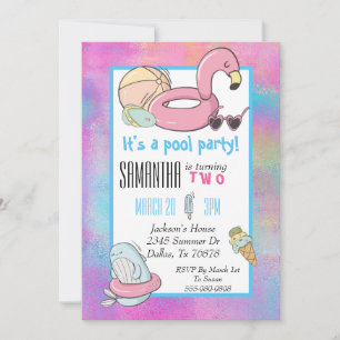 Colourful Pool Birthday Party Flamingo Ice Cream Invitation