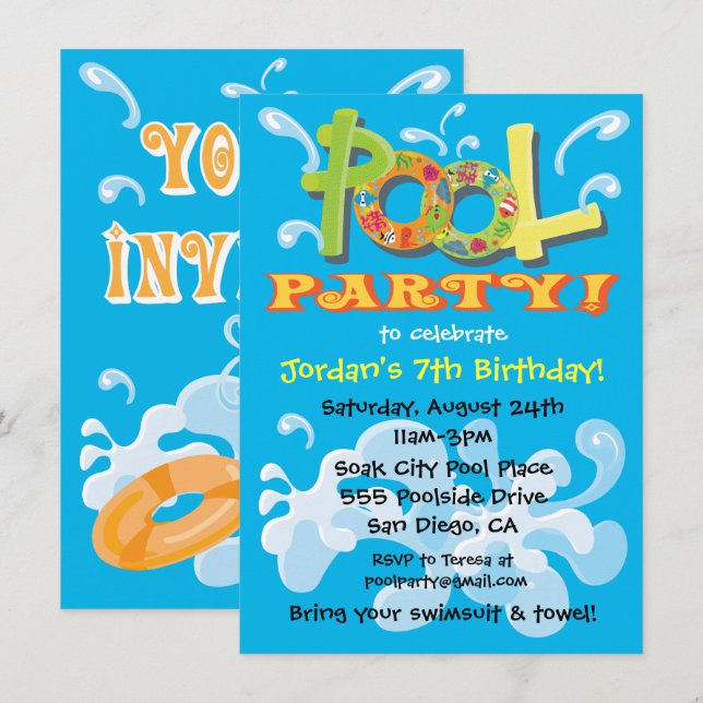 Colourful Pool Party Invitations (Front/Back)